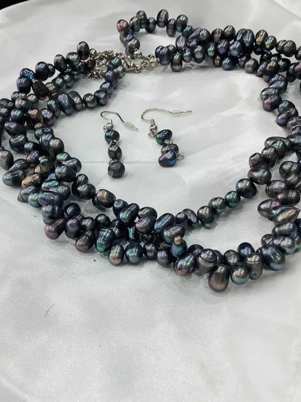 Elegant Triple Strand Freshwater Pearl Necklace Earring set Mothers Day Gift